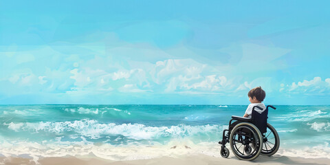 Obraz premium A peaceful beachscape with soft blues and whites, framing a child in a wheelchair, enjoying the sand and waves with an adapted beach wheelchair, promoting independence and adventure.