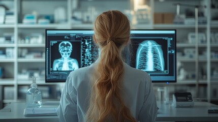 Medical diagnostic analysis: A female doctor interacts with modern imaging and scanning technologies on various screens in a futuristic healthcare environment