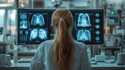 Medical diagnostic analysis: A female doctor interacts with modern imaging and scanning technologies on various screens in a futuristic healthcare environment