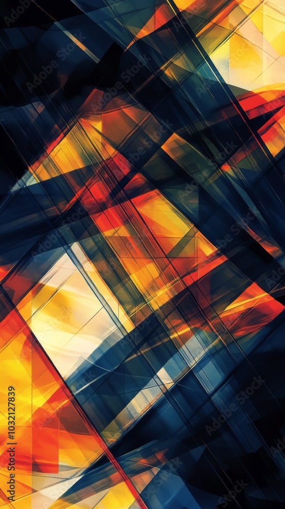 Poster geometric shapes in yellow, orange, red and blue are overlapping, creating an abstract image with a 