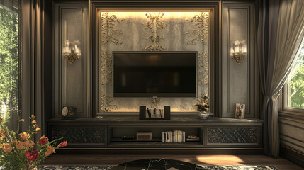 Stylish home bedroom interior with tv screen, table and window. Mock up poster