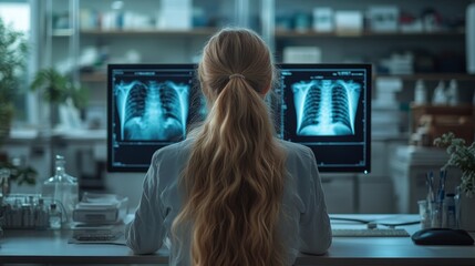 Medical diagnostic analysis: A female doctor manages advanced imaging and body scanning technology on several screens within a high-tech medical environment