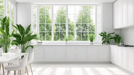 Fototapeta premium Stylish home kitchen interior with eating and cooking zone, window. Mockup frame
