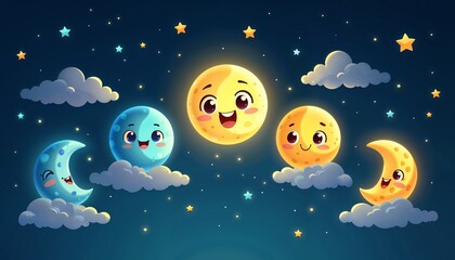 Playful cartoon illustration of smiling moon phases against a dark blue starry sky