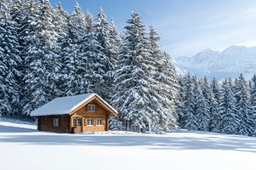 Snowy Cabin nestled in a Winter Forest with Mountain Views