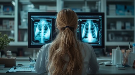 Medical diagnostic analysis: A female doctor manages advanced imaging and body scanning technology on several screens within a high-tech medical environment