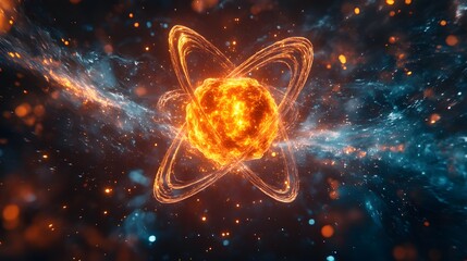 An atomic nucleus close-up featuring a glowing orange core and orbiting electrons, set against a cosmic background, illustrating the dynamic nature of subatomic particles.