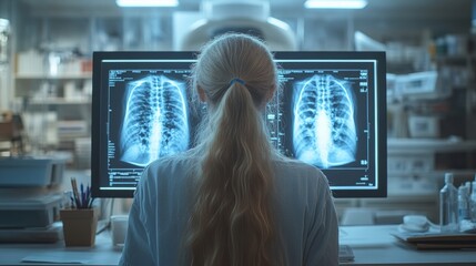 Medical diagnostic analysis: A female doctor engages with cutting-edge imaging and scanning devices on numerous monitors in a futuristic medical atmosphere