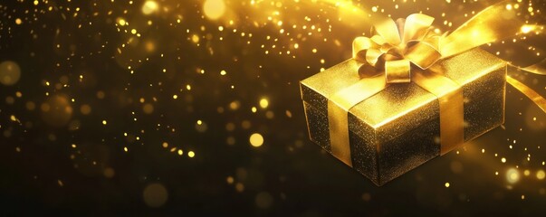 Shiny gold present box with elegant decoration