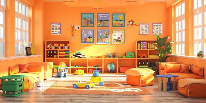 A cheerful orange classroom featuring educational toys, colorful posters and comfortable seating, designed to engage children with learning disabilities in fun and interactive learning experiences.