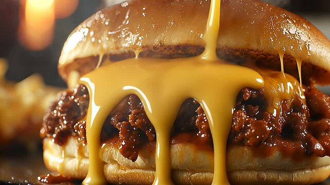 Melted cheese dripping off a hot Sloppy Joe