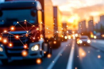 A blurred image of a truck on a highway at sunset, with an overlay of glowing nodes representing a digital network or connectivity.