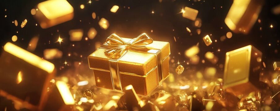 A luminescent gold gift amid floating golden specks