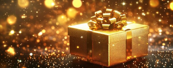 Radiant gold-wrapped gift box with luminous effects