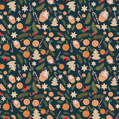 Seamless pattern with christmas elements. Vector illustration in bright colors.