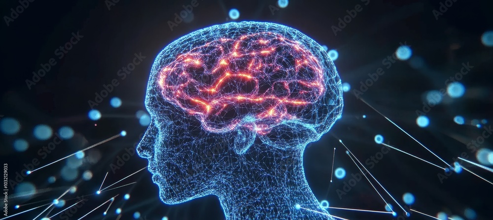 Poster illuminated brain glowing within a network representing technology and human intelligence.