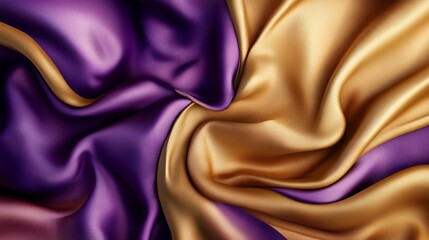 Flowing golden and purple fabric creates elegant abstract design with smooth texture and vibrant backdrop