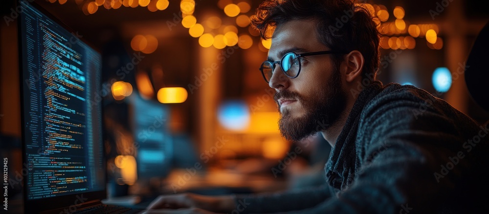 Poster a young man sits in front of a computer screen, his face illuminated by the glow of the monitor. he'