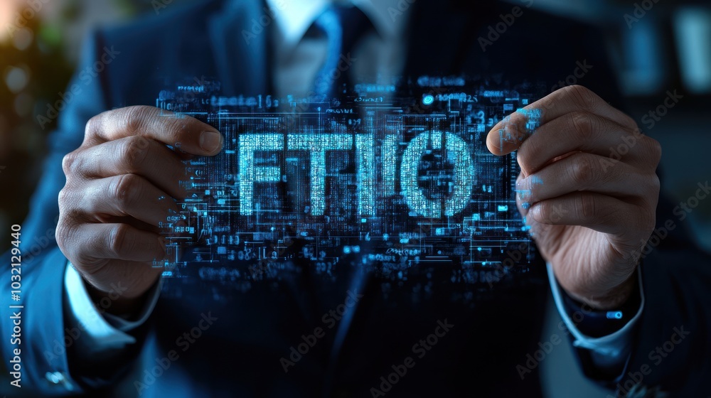 Poster businessman holding a hologram of the word 