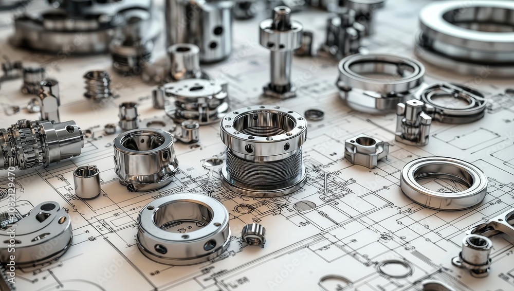 Poster a close-up view of intricate mechanical components and schematics, showcasing precision engineering 