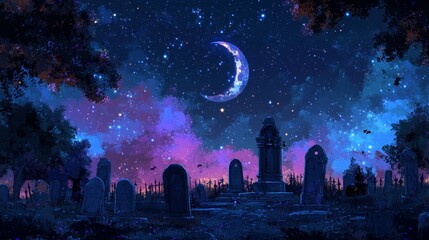Mysterious cemetery under a starry sky with a glowing crescent moon, surrounded by tombstones and dark trees, creating an eerie and magical night atmosphere