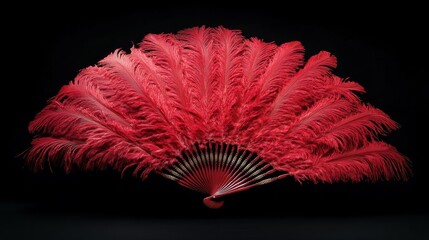Sophisticated red feather fan is standing open on a black background, creating a striking contrast. The vibrant red feathers and delicate structure of the fan evoke a sense of elegance and allure