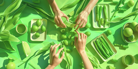 Green-Tinged OCD: Hands meticulously arranging objects in a neat pattern, highlighting the intricate process while avoiding any technological devices.