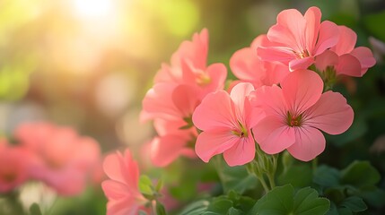 Obraz premium Bright pink geranium flowers nestled among lush green foliage, bathed in soft sunlight, captured in macro photography to highlight their vivid colors and delicate beauty.