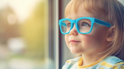 Young child wearing blue glasses focusing on distant tree outside window, symbolizing myopia prevention and importance of outdoor activities.