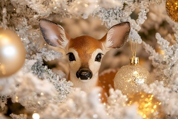 Naklejka premium Fawn Christmas Ornament Decoration Snow Covered Tree