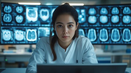 Medical diagnostic analysis: A female doctor navigates advanced imaging and scanning equipment through several monitors in a state-of-the-art medical environment