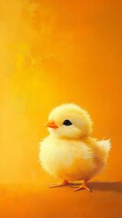 Fototapeta premium Cute baby chick with soft yellow feathers is standing on a bright yellow background, creating a cheerful and heartwarming scene