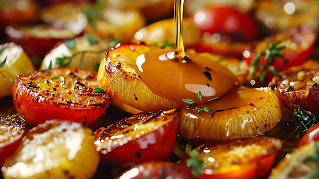 Roasted garlic sauce on roasted vegetables