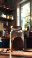 Glass jar filled with cocoa powder is sitting on a wooden table in a sunlit kitchen, with some of the powder spilled on the table