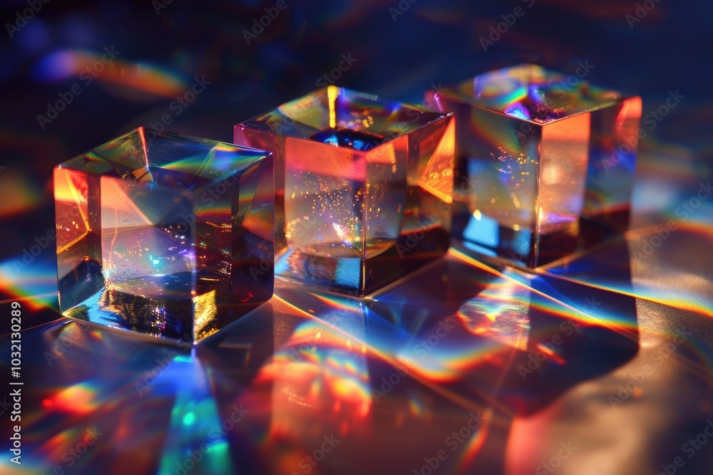 Poster three crystal cubes sit on a table with a minimalist background