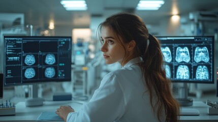 Medical diagnostic analysis: A female doctor navigates advanced imaging and scanning equipment through several monitors in a state-of-the-art medical environment