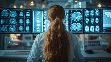 Medical diagnostic analysis: A female doctor works with high-tech imaging and body scanning technologies displayed on numerous monitors in a futuristic clinical setting
