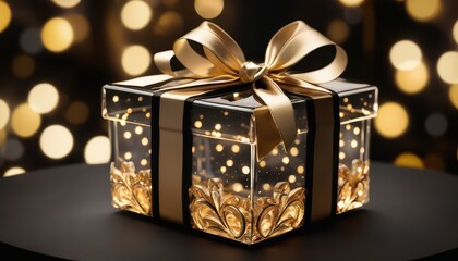 An elegant gift box adorned with a golden ribbon, set against a backdrop of soft bokeh lights, perfect for holidays, celebrations, and special occasions.
