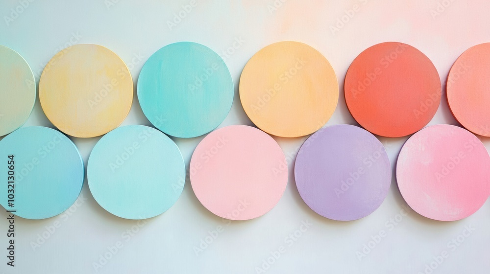 Poster pastel harmony, a series of gently spaced identical circles in soft pastel hues creating a serene vi