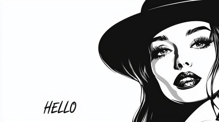 Monochrome Portrait of Woman in Hat with Bold Lips and 'Hello' Text