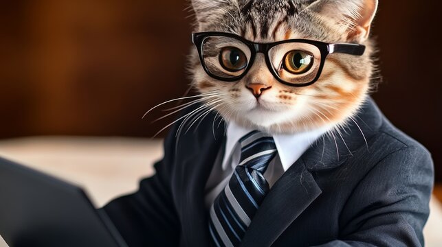 Serious Business Cat Wearing Suit and Glasses Working on Laptop, Funny Office and Business Concept