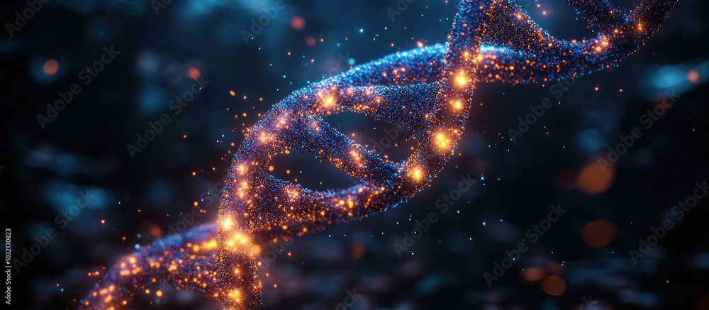 Aufkleber glowing dna double helix structure with particles.