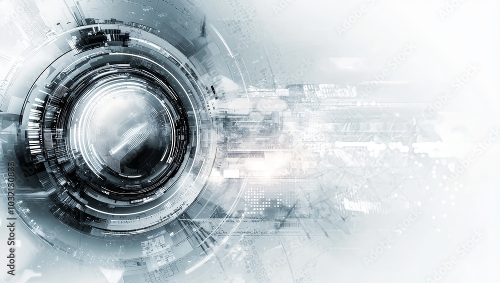 Poster a futuristic, abstract design featuring geometric shapes and a central orb, creating a sense of tech