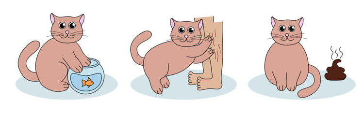 Set of problem with cat behavior. Kitten scratches, goes to the toilet, fishing. Cute hand drawn flat illustration.