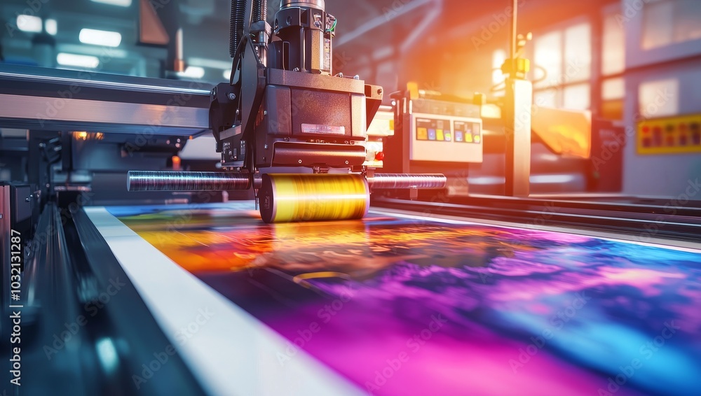 Poster a high-tech printing machine in action, showcasing vibrant colors on a large print as it processes m