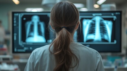Medical diagnostic analysis: A female doctor utilizes advanced imaging and body scanning technology across several monitors in a futuristic medical environment