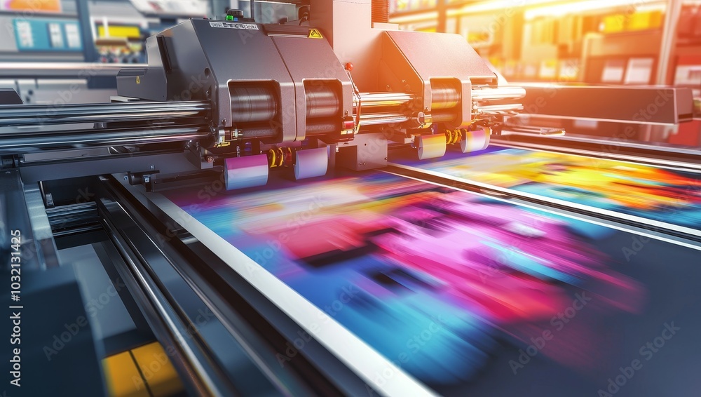 Poster a high-tech printing machine producing vibrant, colorful prints with dynamic motion, showcasing mode