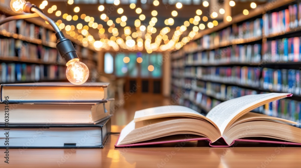 Poster Open Book on Wooden Table in Library Setting with Lamp and Blurred Bookshelves