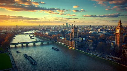 Fototapeta premium A stunning aerial view of London at sunset, highlighting the Thames River and iconic landmarks.