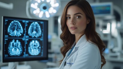 Medical diagnostic analysis: A female doctor interacts with advanced imaging and body scanning technologies on multiple monitors in a futuristic medical environment